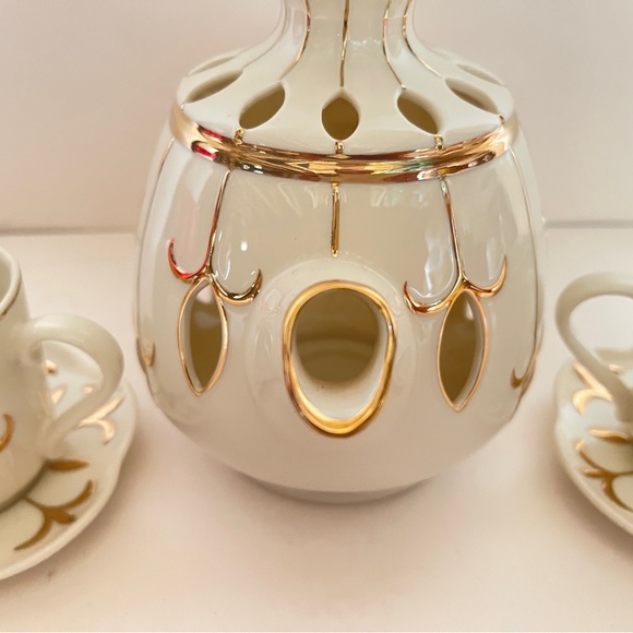 Partylite Tea for Two Votive Candle Teapot Teacup Saucer Set Ivory Gold 6 Pieces - Picture 4 of 14